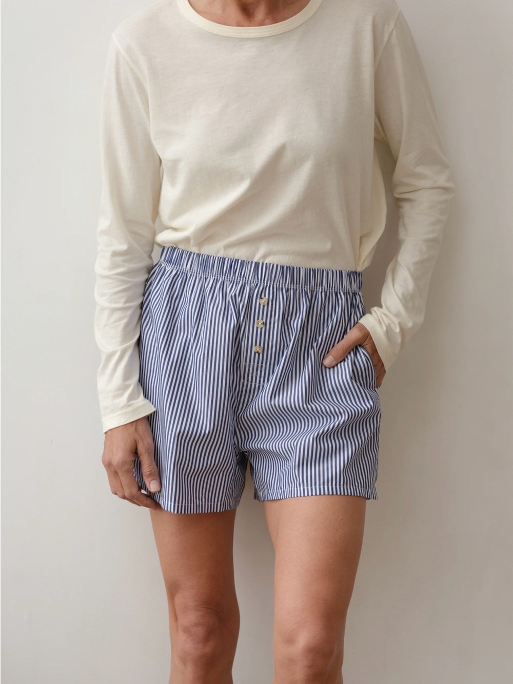 DONNI. Pop Blue and White Stripe Elastic Waist Shorts